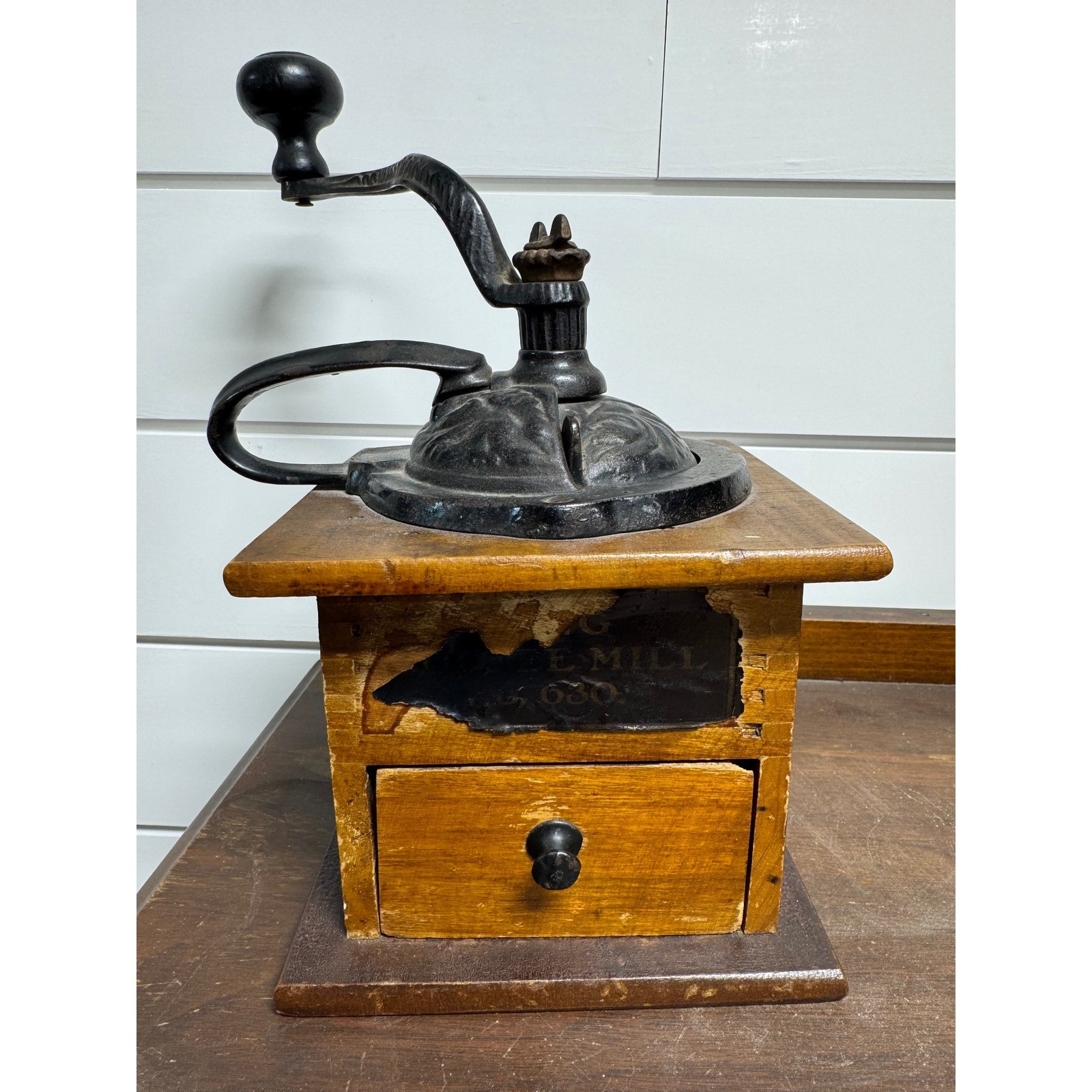 Antique Wooden Coffee Grinder Manual Cast Iron Hand Crank Mill Primitive Decor