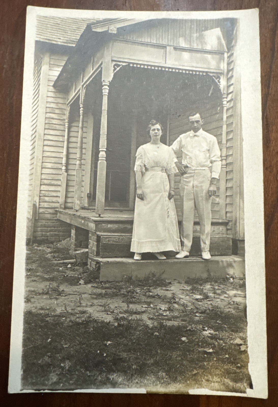 Antique RPPC Young Couple On Porch Steps Outdoor Portrait C1910 Photo Postcard Antique RPPC Young Couple On Porch Steps Outdoor Portrait C1910 Photo Postcard
