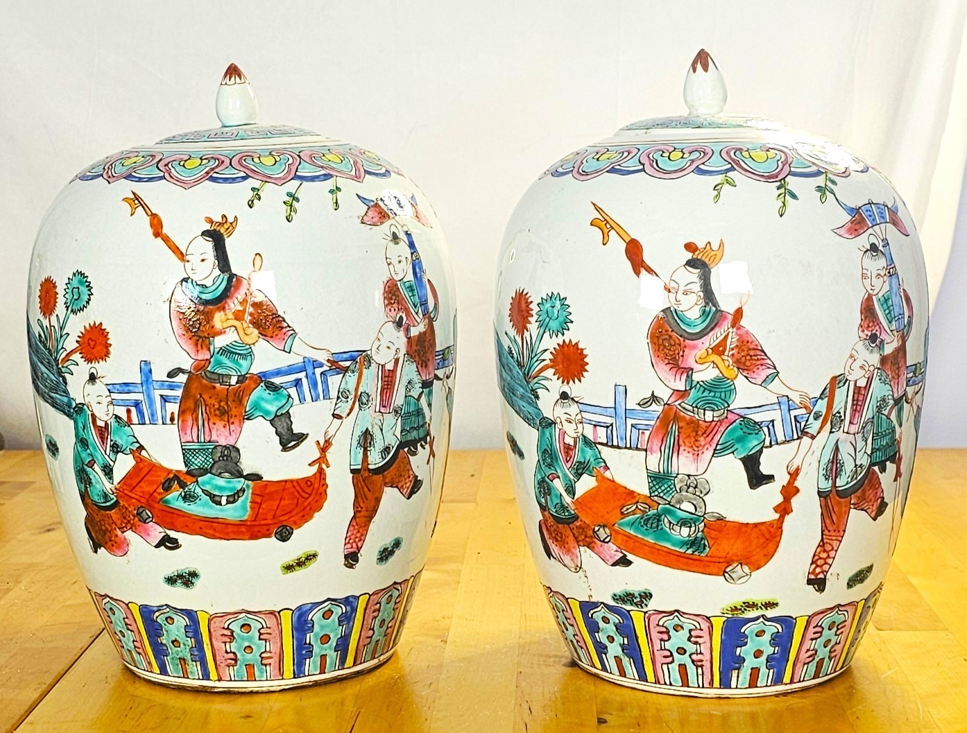 Pair Chinese Famille Rose Melon Ginger Jars w Lid Reign Mark Vintage 13