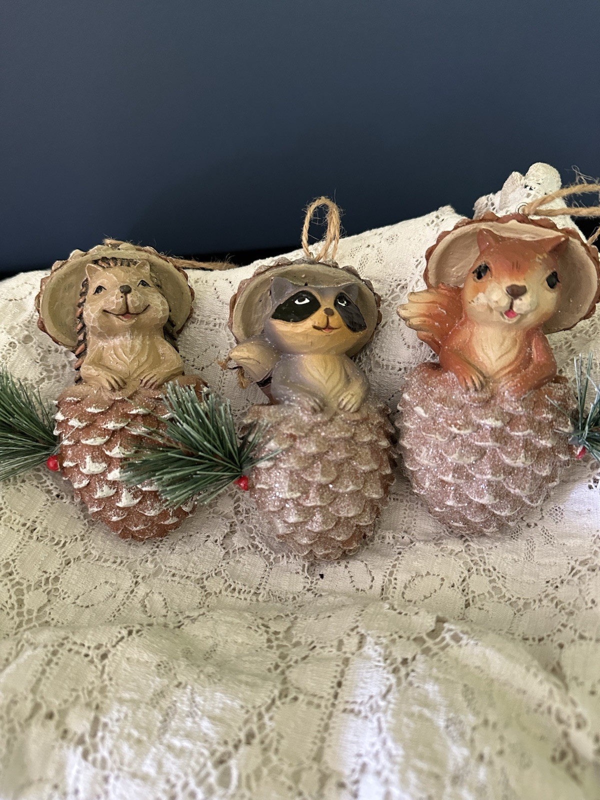 Woodland Animals In Pinecones Christmas Ornaments Forest Holiday Time Set Of 3