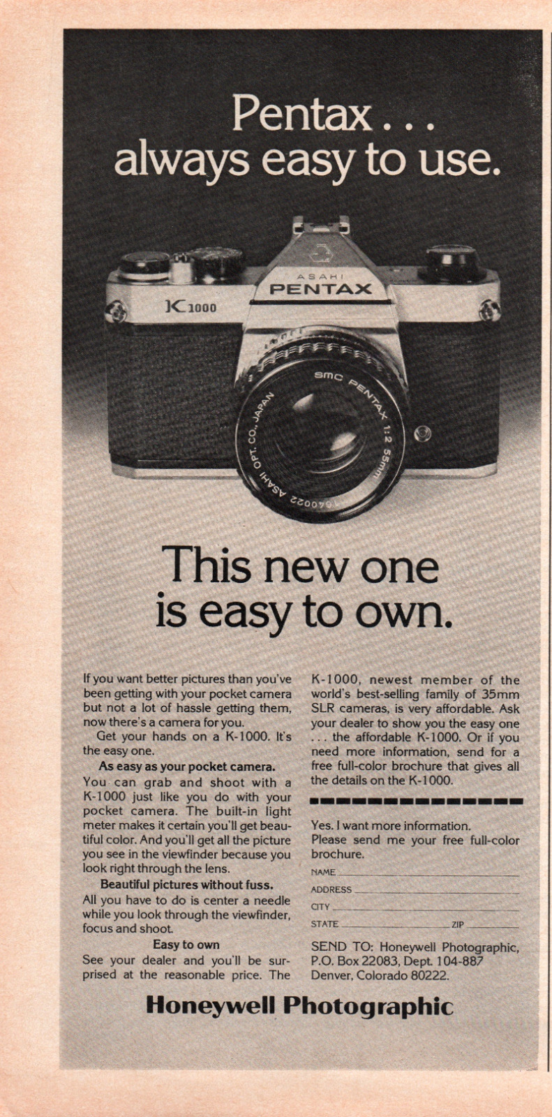 Honeywell Photography Pentax K1000 SLR Half page 70s Vintage B and W Print Ad