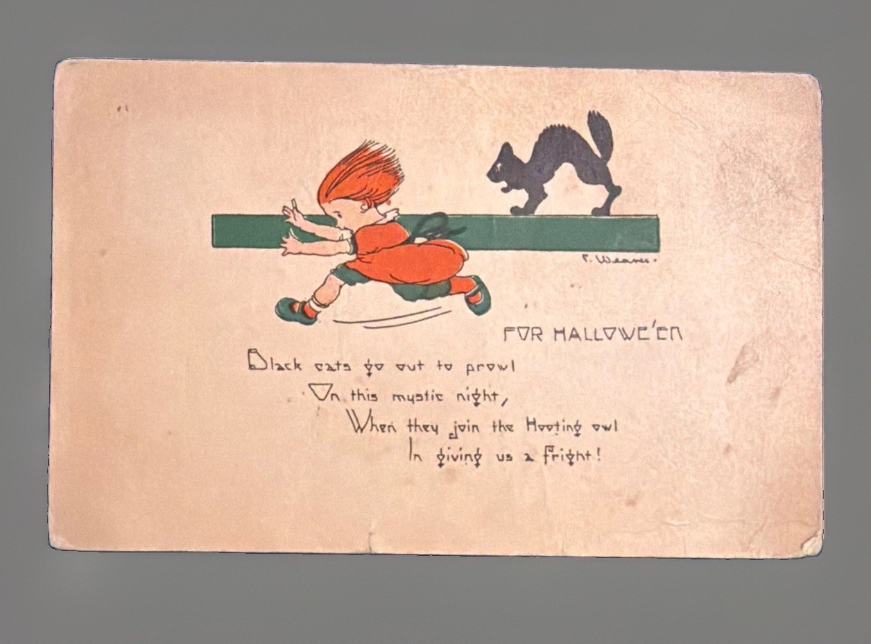Vintage 1922 Halloween Postcard Black Cat Scared Girl F Warren No 2399