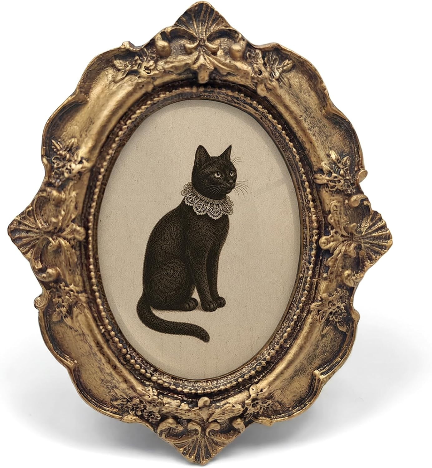 Vintage Black Cat Small Oval Picture Frame, Dark Academia Victorian Gothic Bronz