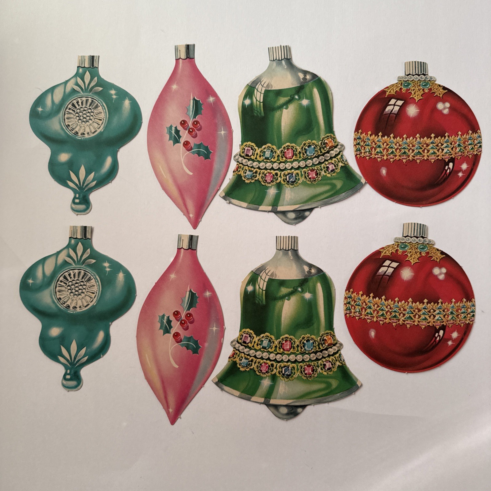 RARE VTG 1950'S DENNISON Christmas ORNAMENTS Die Cuts  8 Piece Set - One Sided