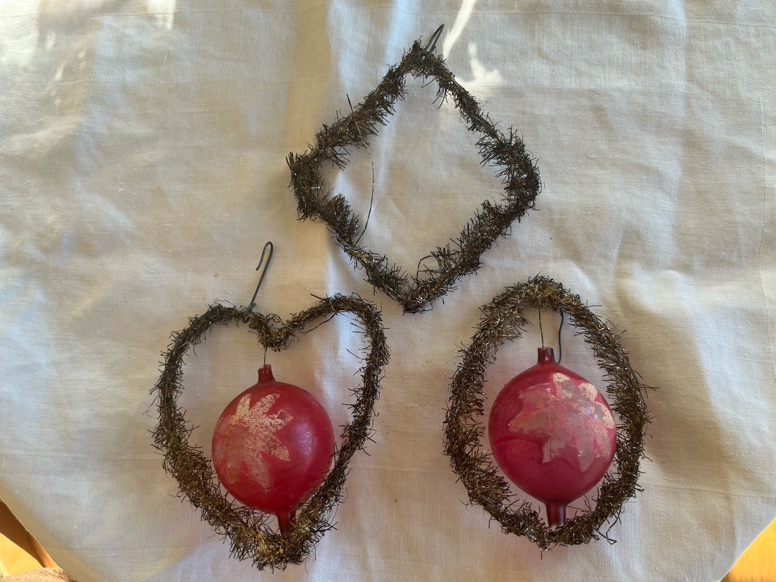 3 Vintage Antique Victorian Wired Tinsel Mercury Glass Christmas Ornaments 3 Vintage Antique Victorian Wired Tinsel Mercury Glass Christmas Ornaments