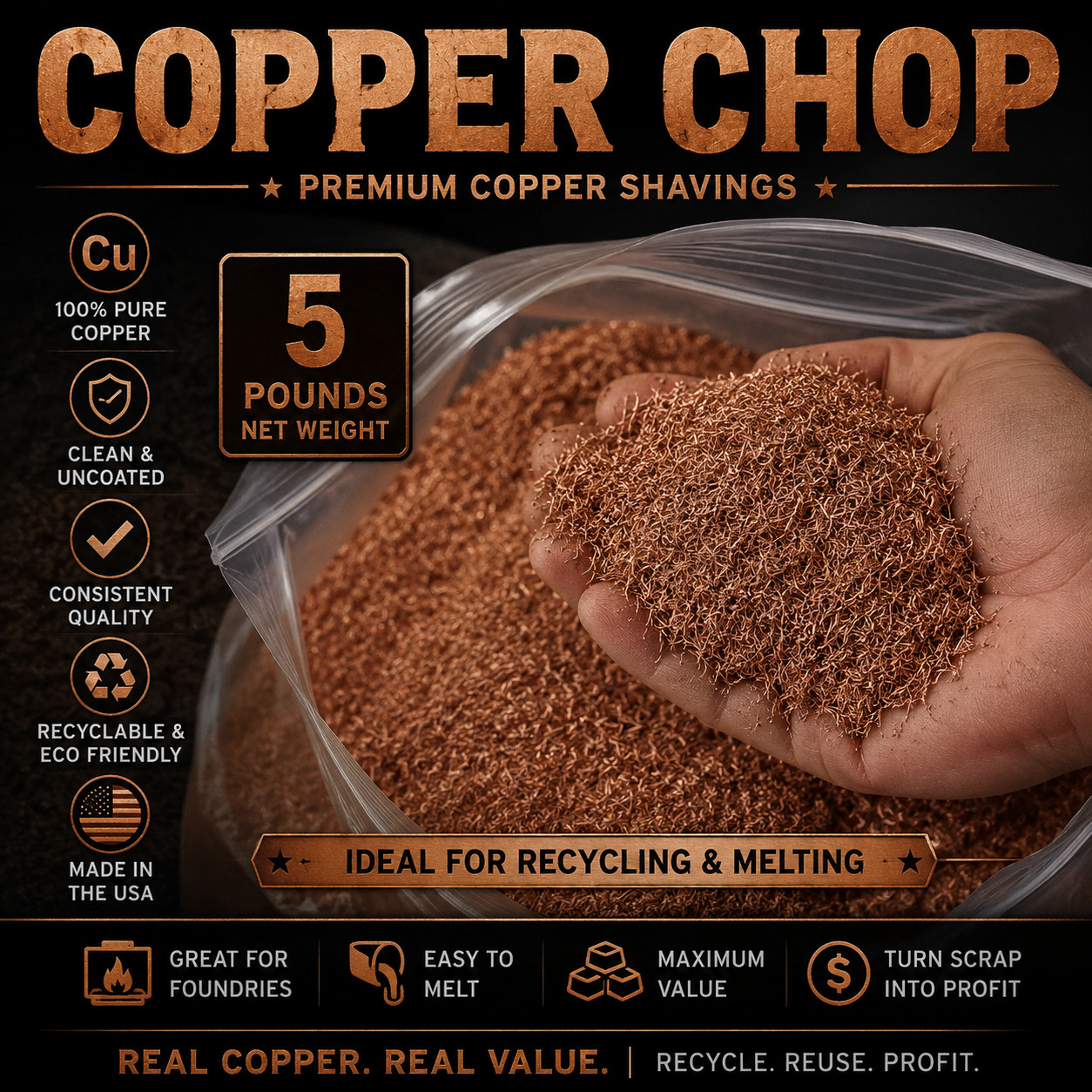 5 lb. 99.9% Pure Copper Shavings Grains Chop Grain Casting Smelting Granulate 5