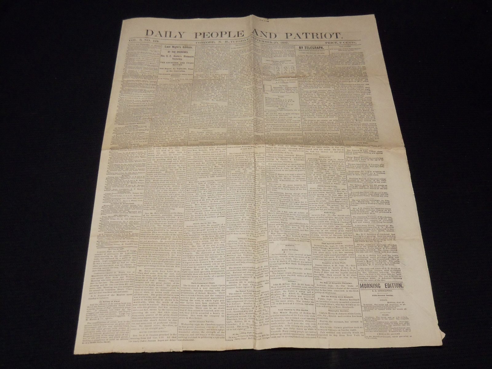 1887 SEPTEMBER 20 DAILY PEOPLE AND PATRIOT NEWSPAPER - CONCORD, NH - NP 3878R 1887 SEPTEMBER 20 DAILY PEOPLE AND PATRIOT NEWSPAPER - CONCORD, NH - NP 3878R