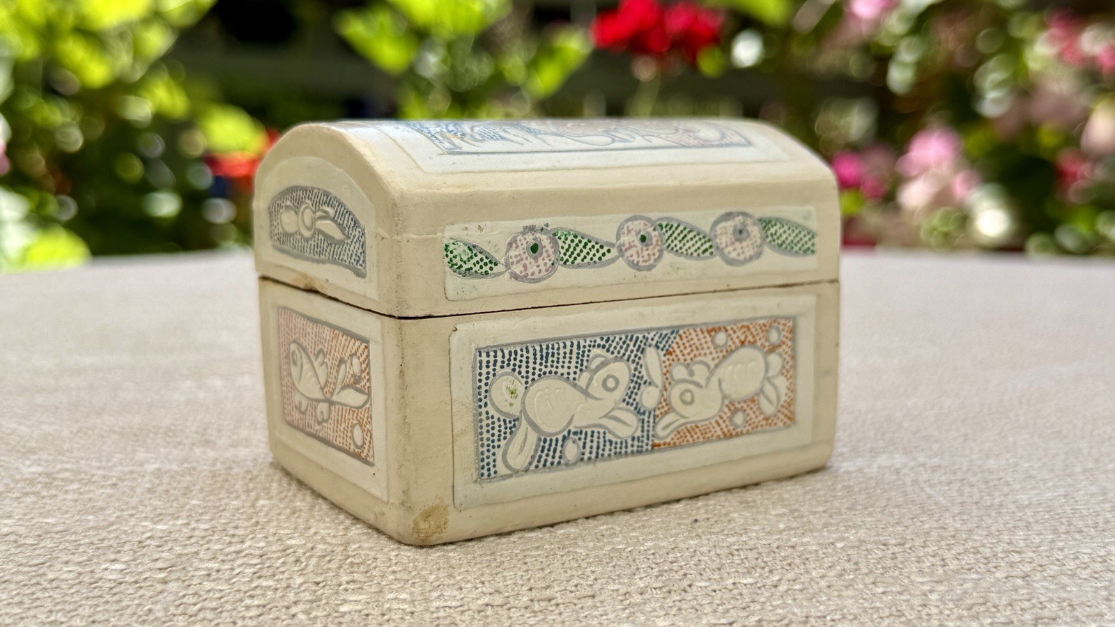 Vintage Mexican Olinala Style Wood Trinket Box Rabbit Fish Folk Art Handmade
