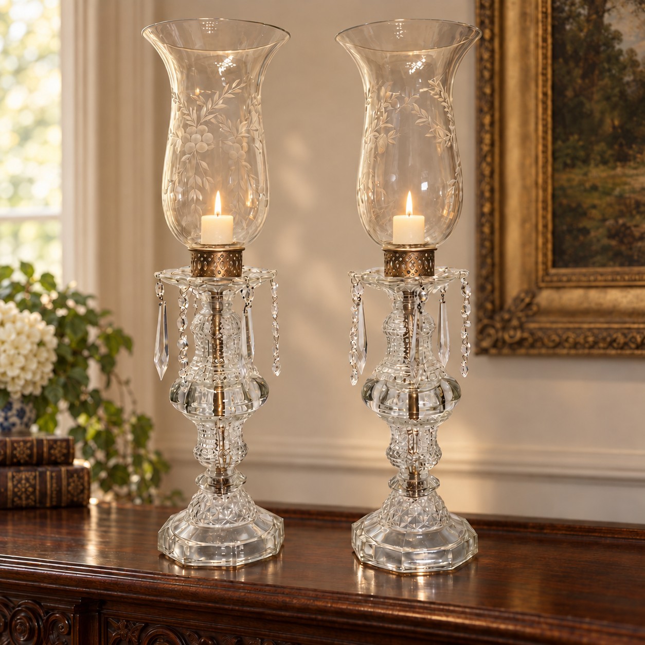 Pair 60's Vtg Glass Hurricane Candle Lamps Etched Grapevine Prisms 19