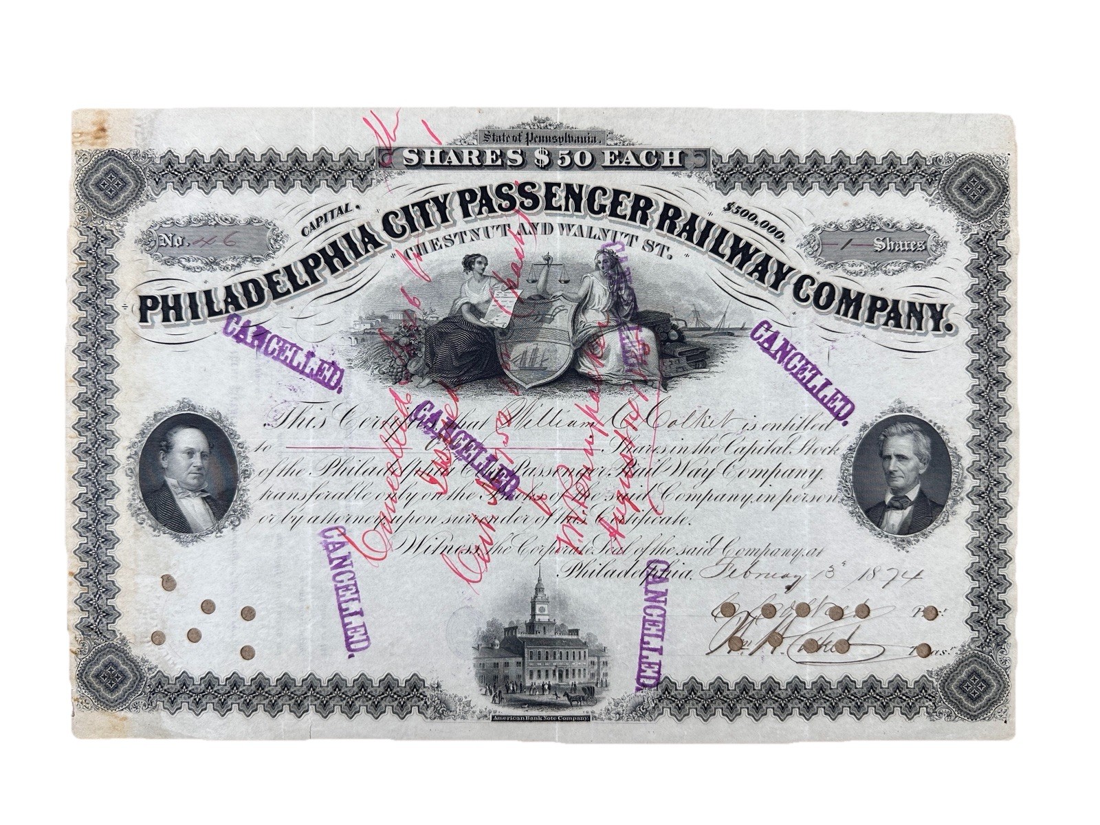 1874 Philadelphia City Passenger Railway Co. Stock Certificate 1874 Philadelphia City Passenger Railway Co. Stock Certificate
