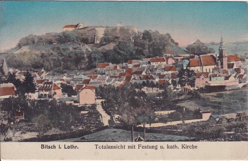 Ancient Ak, Bitsch IN Lothringen, Full View With Fortress And Catholic Church