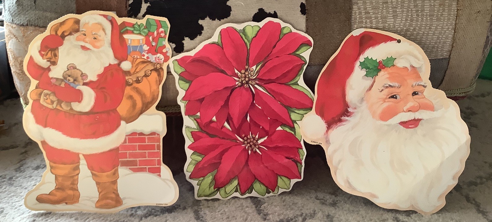 Lot of 3 Vintage Eureka Christmas Santa Poinsettia Cardboard Die-cut Wall Decor Lot of 3 Vintage Eureka Christmas Santa Poinsettia Cardboard Die-cut Wall Decor