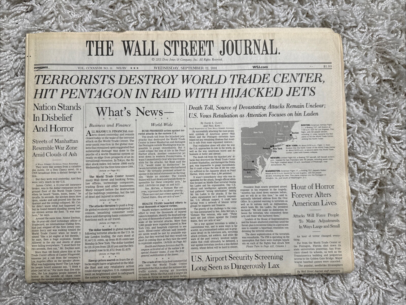 Wall Street Journal September 12 2001 Newspaper 9/11/2011 Issue WSJ Wall Street Journal September 12 2001 Newspaper 9/11/2011 Issue WSJ