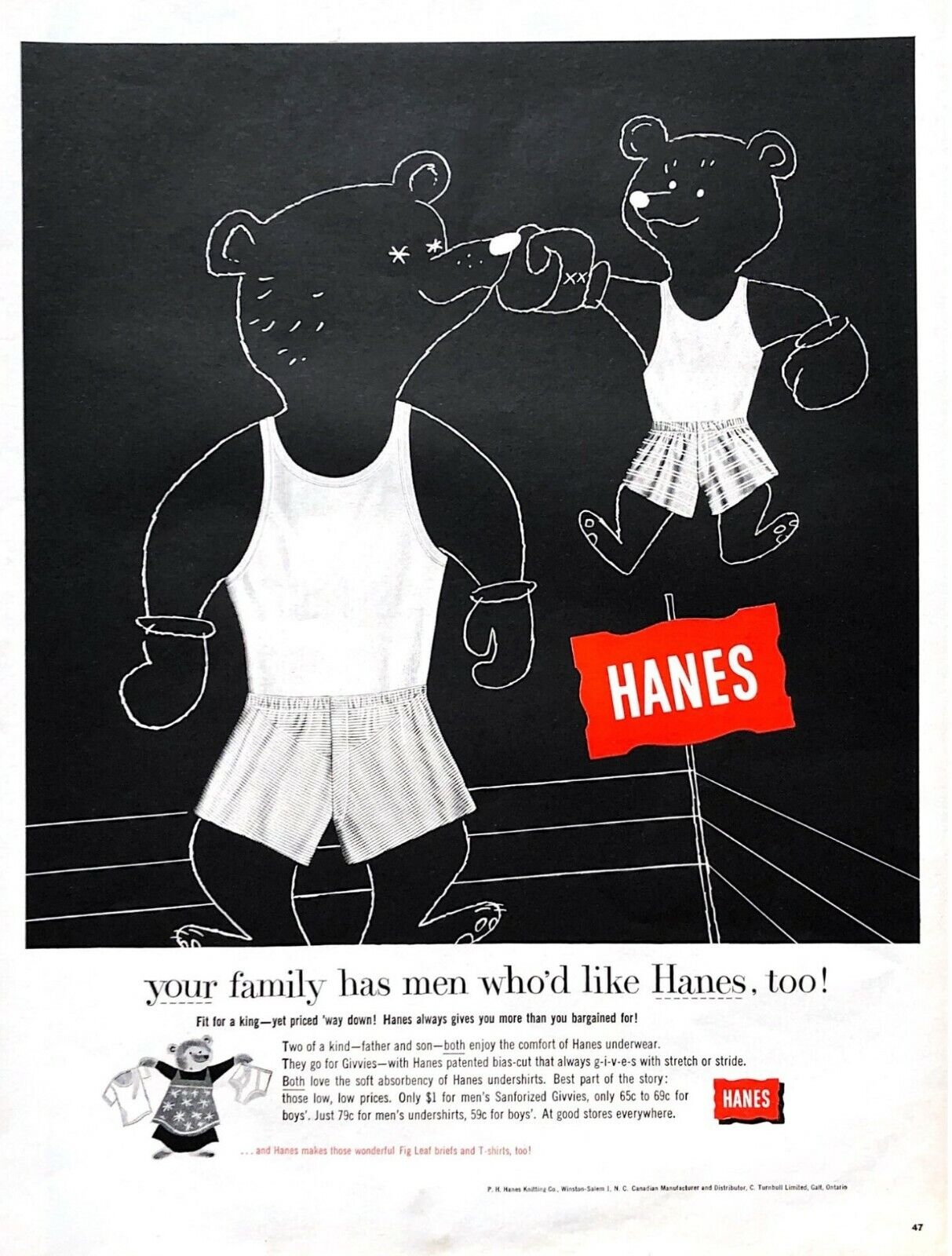 1956 Hanes Underwear Vintage Print Ad Teddy Bears Father And Son 
