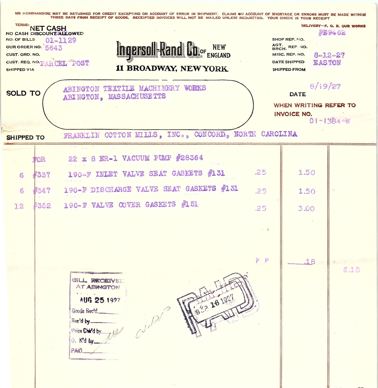 1927 Ingersoll-Rand Billhead - Abington Textile / Franklin C