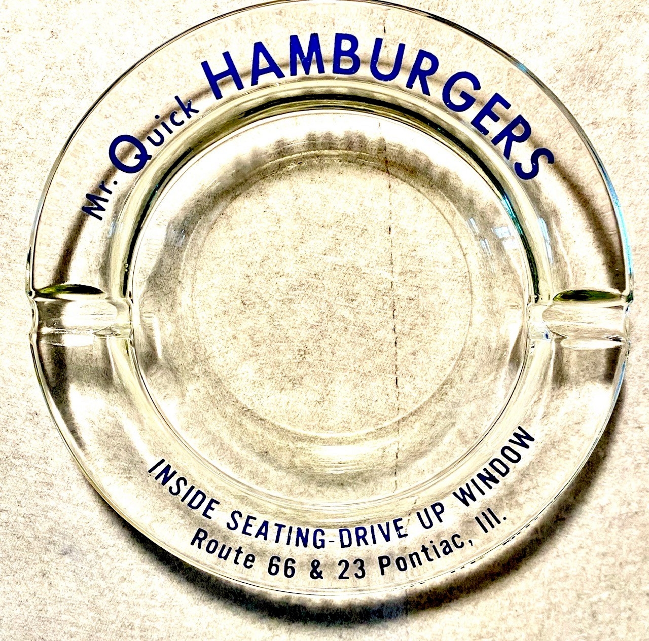 Vintage Glass Ashtray Mr. Quick Hamburgers Rt 66 & 23 Pontiac Illinois
