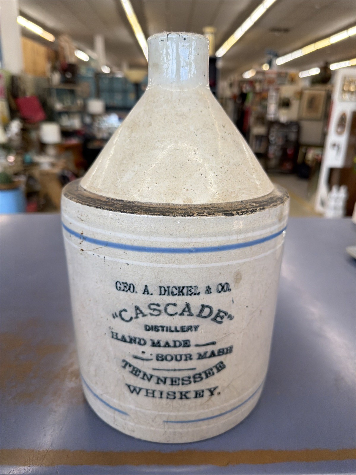 Rare Antique George Dickel Whiskey Jug Cascade Tennessee TN Blue White Crock