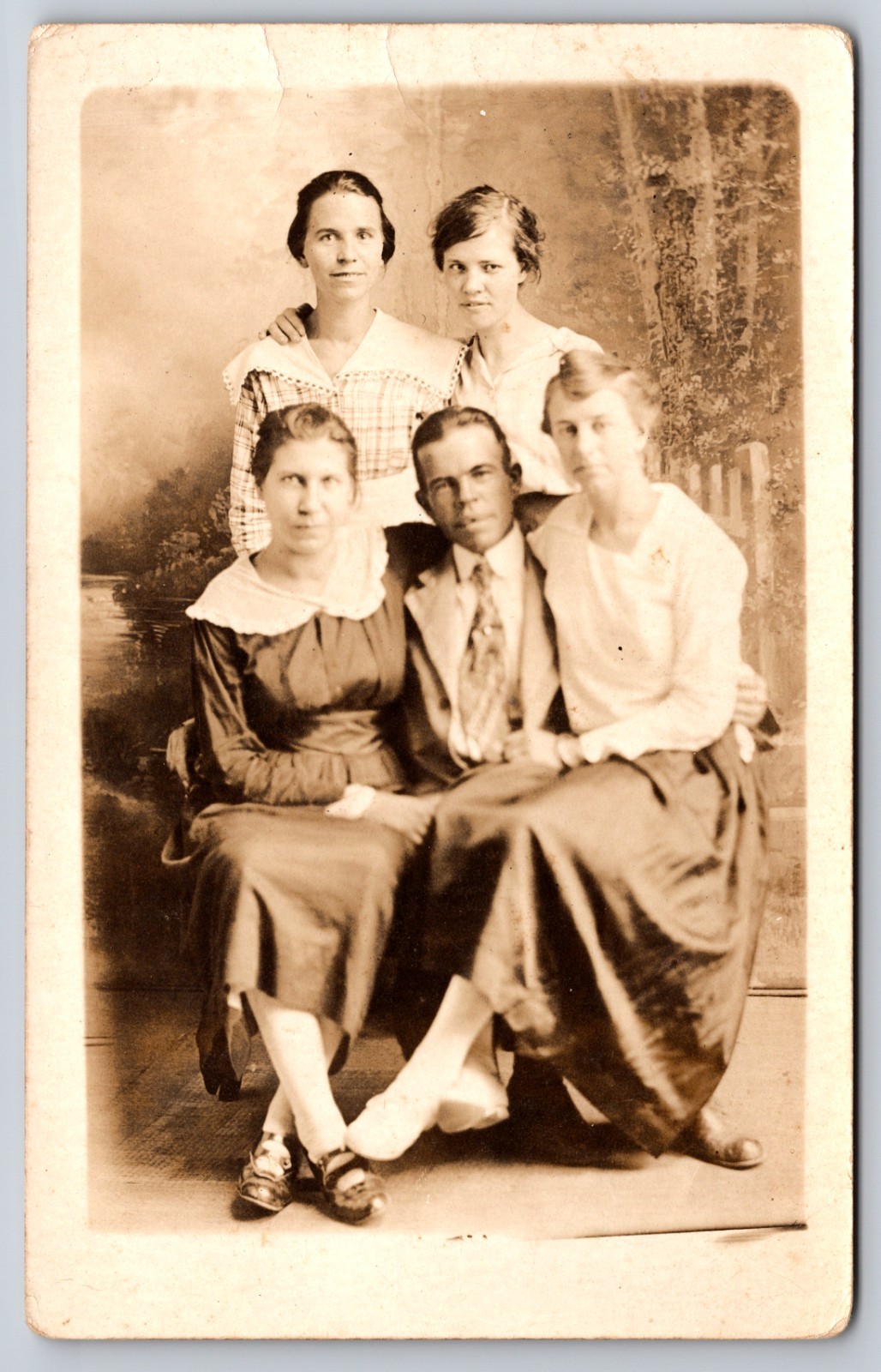 One Man & Four Women, With Two Women on his lap, in Group Real Photo Postcard