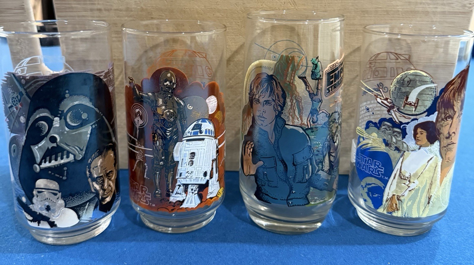 Star Wars Glasses, 4 – 1977 & 1980 – Good  Condition, Never Used (BK/CC)