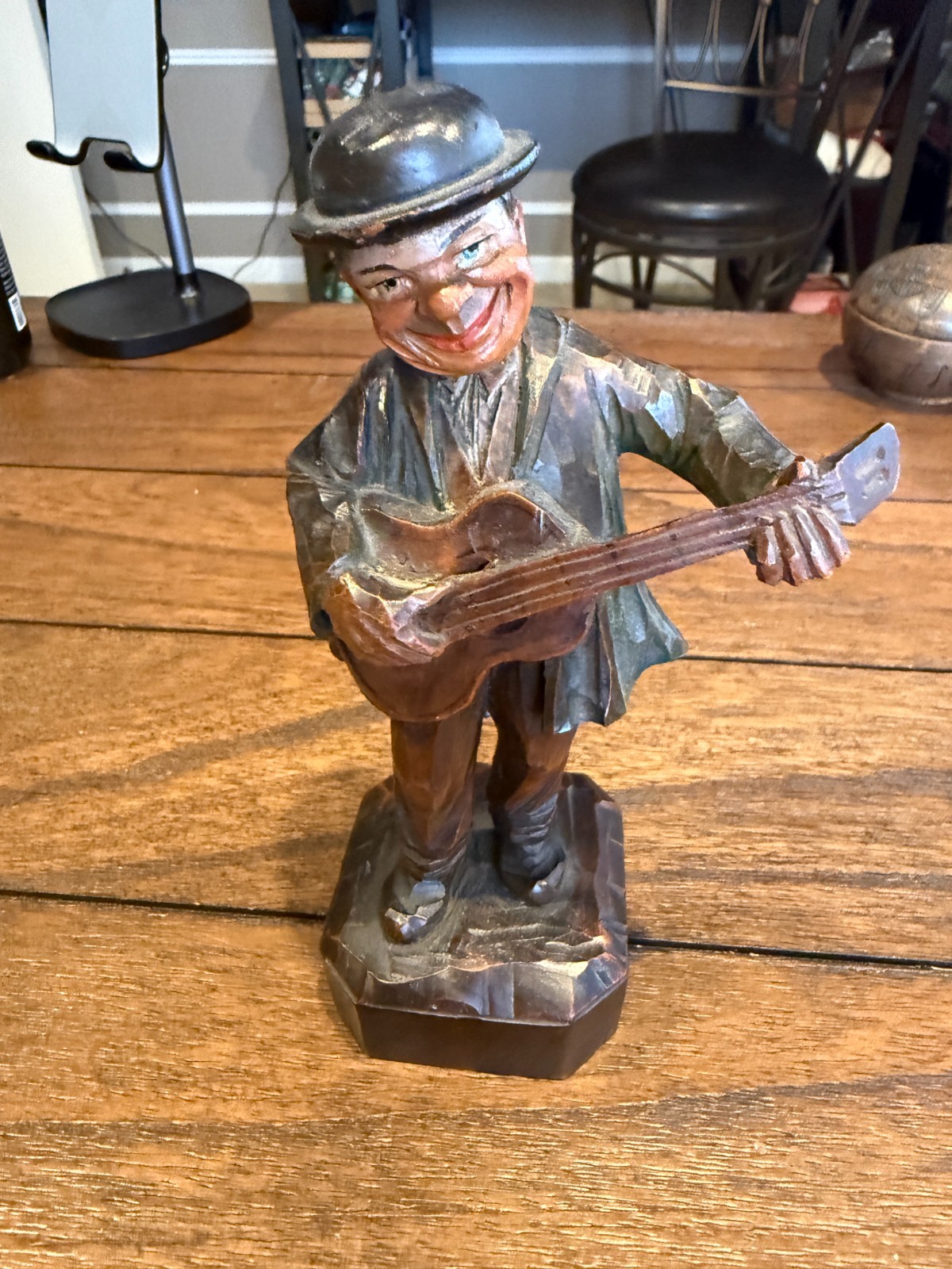 Vintage ANRI Italy Hand Carved Wood Guitar Player Musician Figurine Folk Art