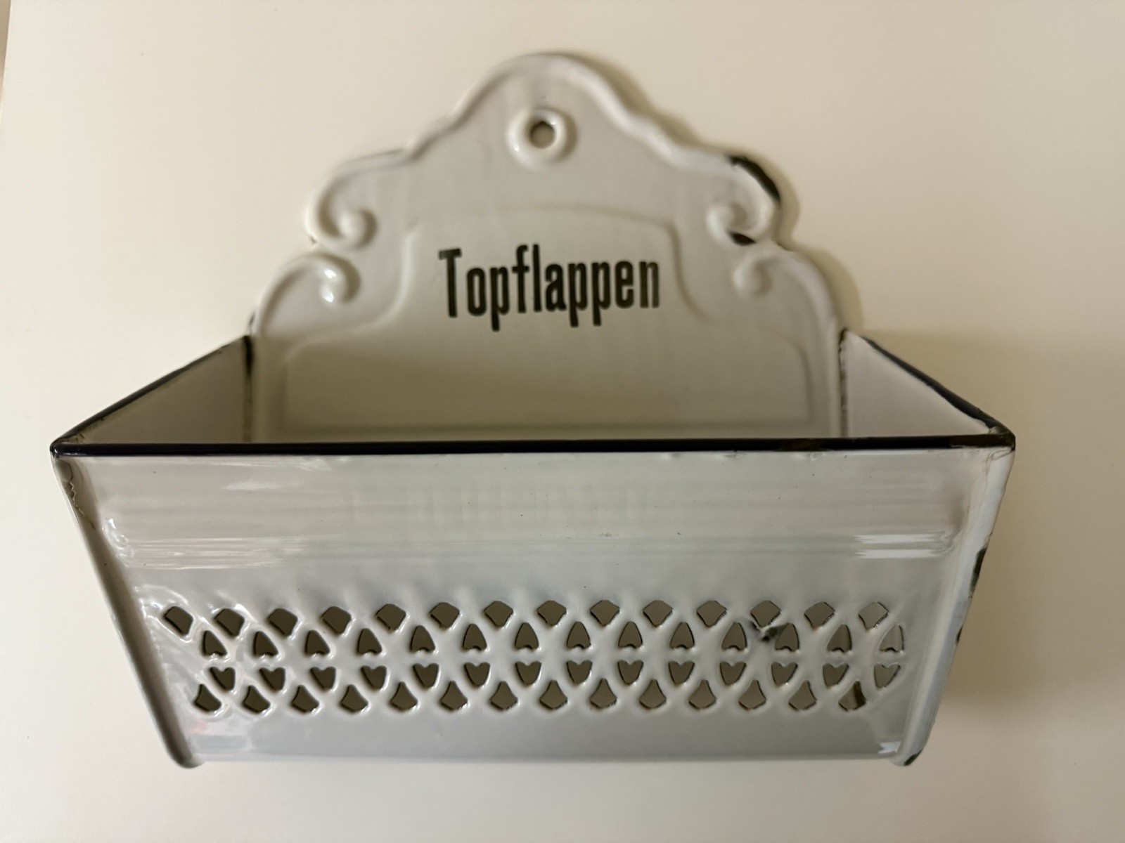 Vintage German Pierced Enamelware Metal Wall Pocket \ Vintage German Pierced Enamelware Metal Wall Pocket \