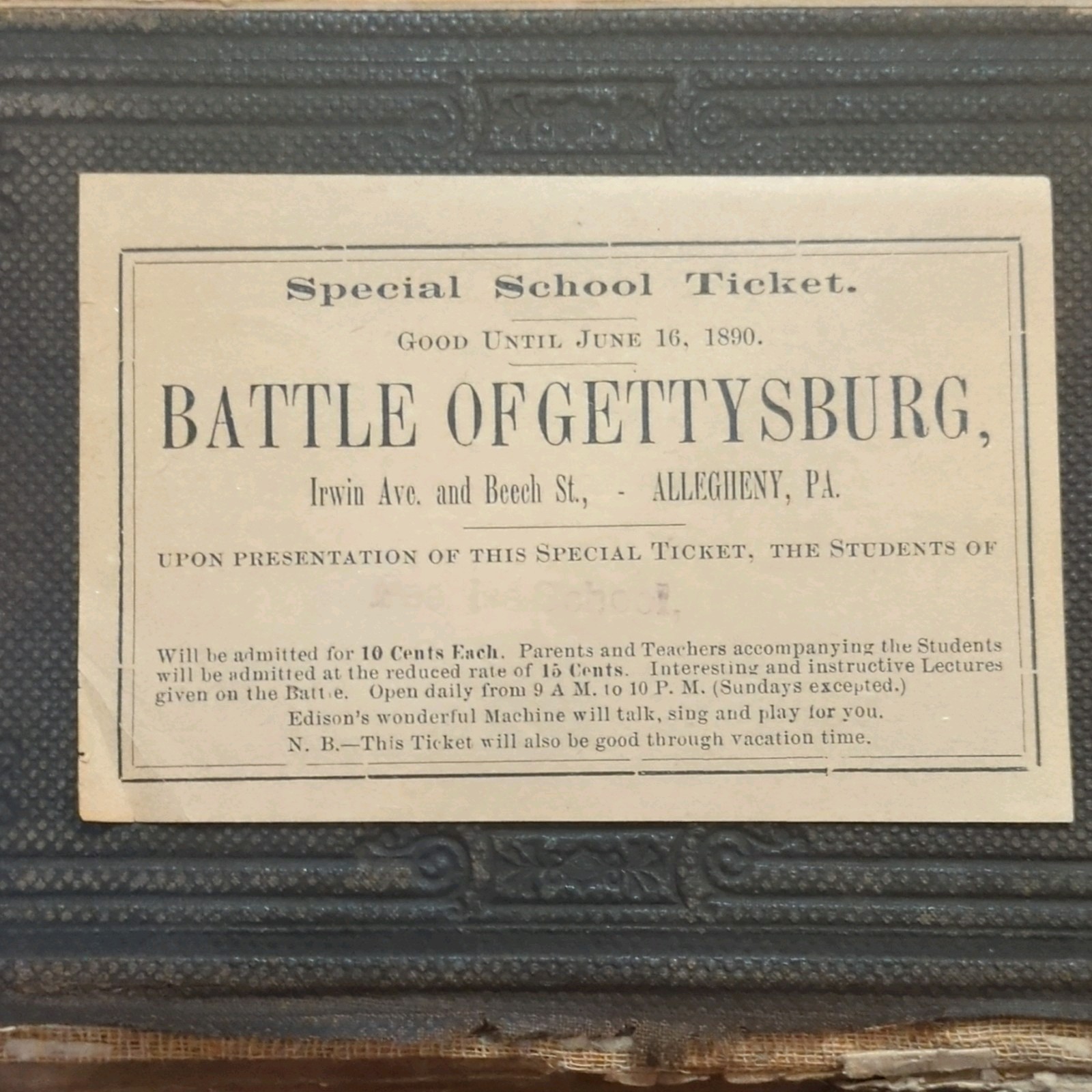 1890 Gettysburg Cyclorama Ticket Allegheny PA Civil War Edison Phonograph Paper