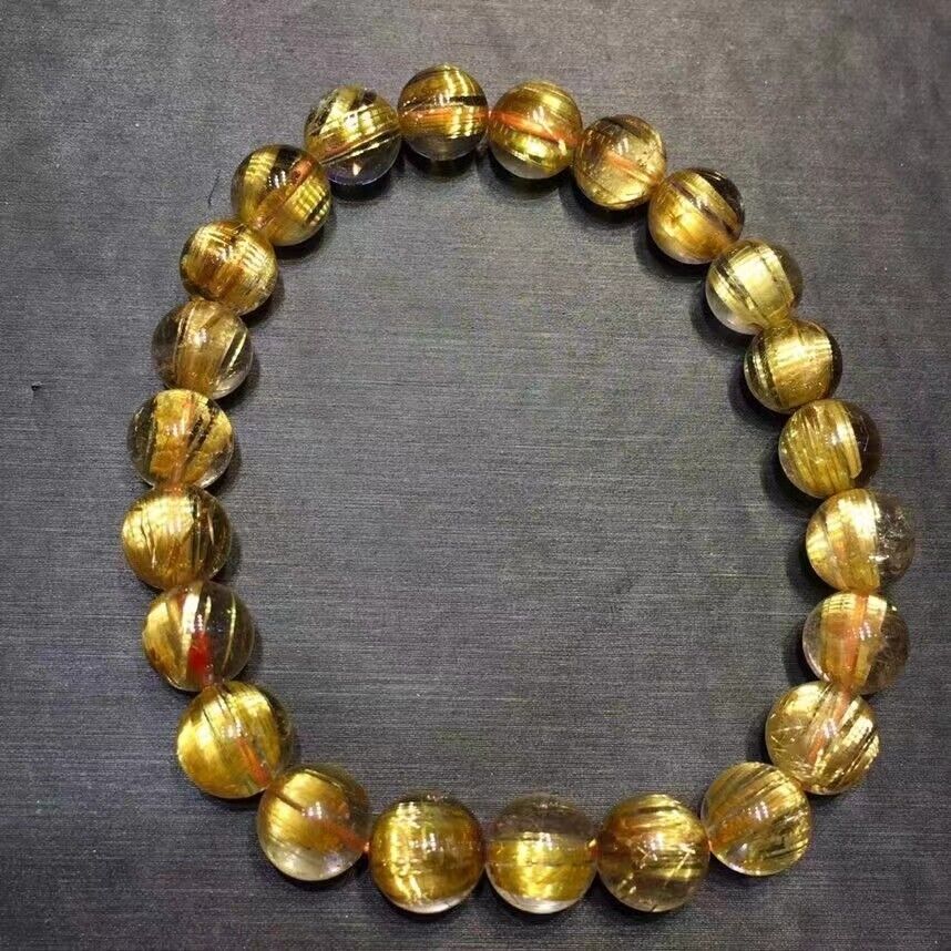 8mm Natural Gold Rutilated Quartz Crystal Round  Beads Bracelet 5A
