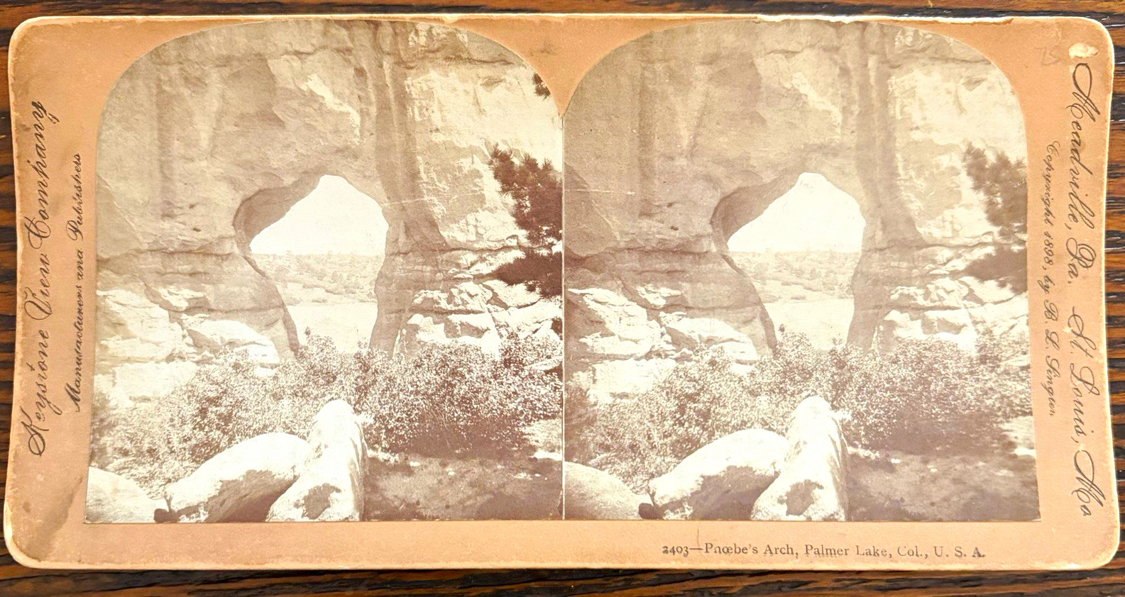 Keystone View Co. Stereoview Phoebe\'s Arch Elephant Rock Palmer Lake CO 1898