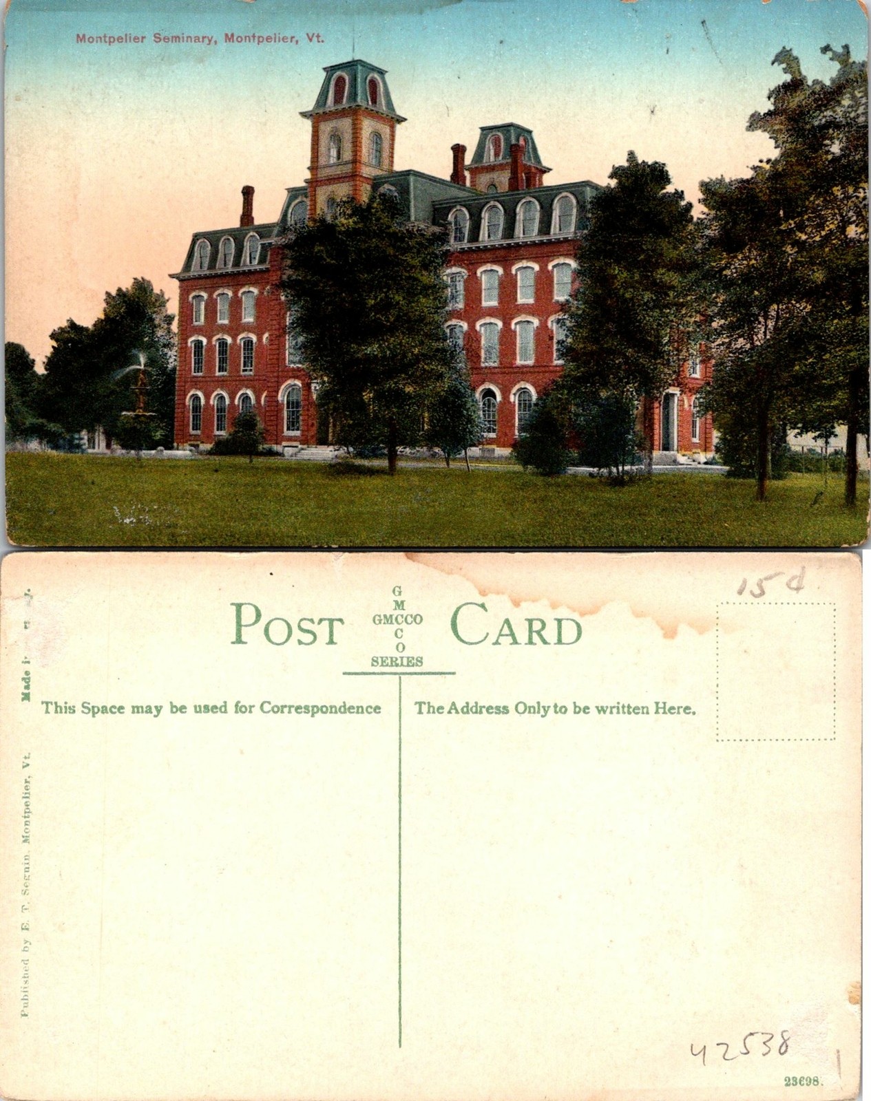 Montpelier VT Seminary Building Postcard Unused (42538)