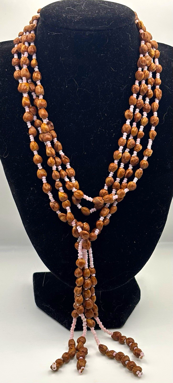 Authentic Navajo Ghost Bead Lariat Tassel Necklace – Juniper Berry & Pink Glass Authentic Navajo Ghost Bead Lariat Tassel Necklace – Juniper Berry & Pink Glass