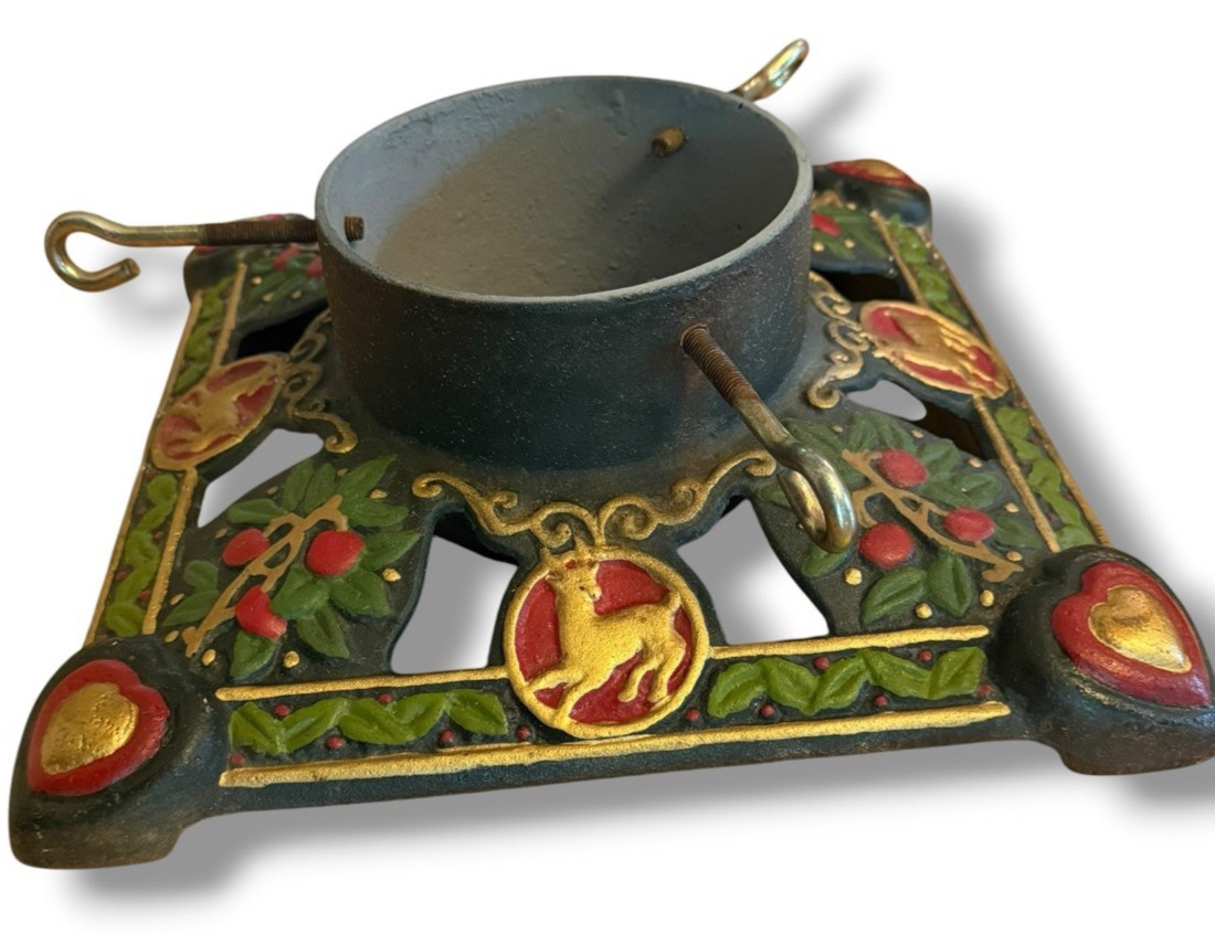Antique christmas tree stand hand painted german prancing deer, hearts mistletoe