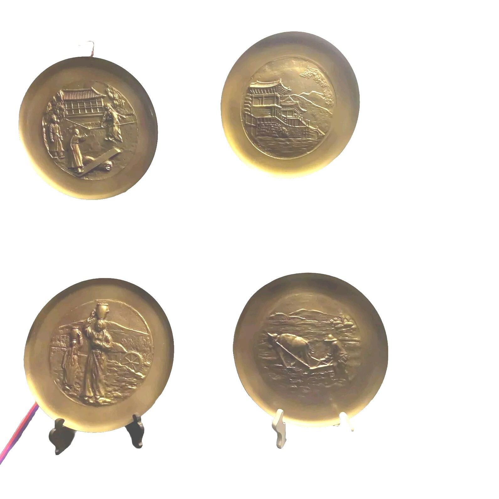 4 pc Vintage Korea Brass Wall Plate With Farmer And Ox Plowing, Plaque W/Village 4 pc Vintage Korea Brass Wall Plate With Farmer And Ox Plowing, Plaque W/Village