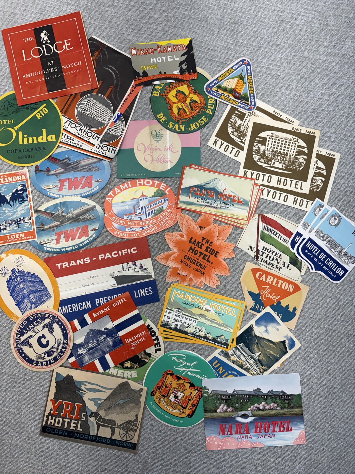 Vintage Hotel Airline Luggage Label Sticker Travel Lot TWA Japan Europe As Is