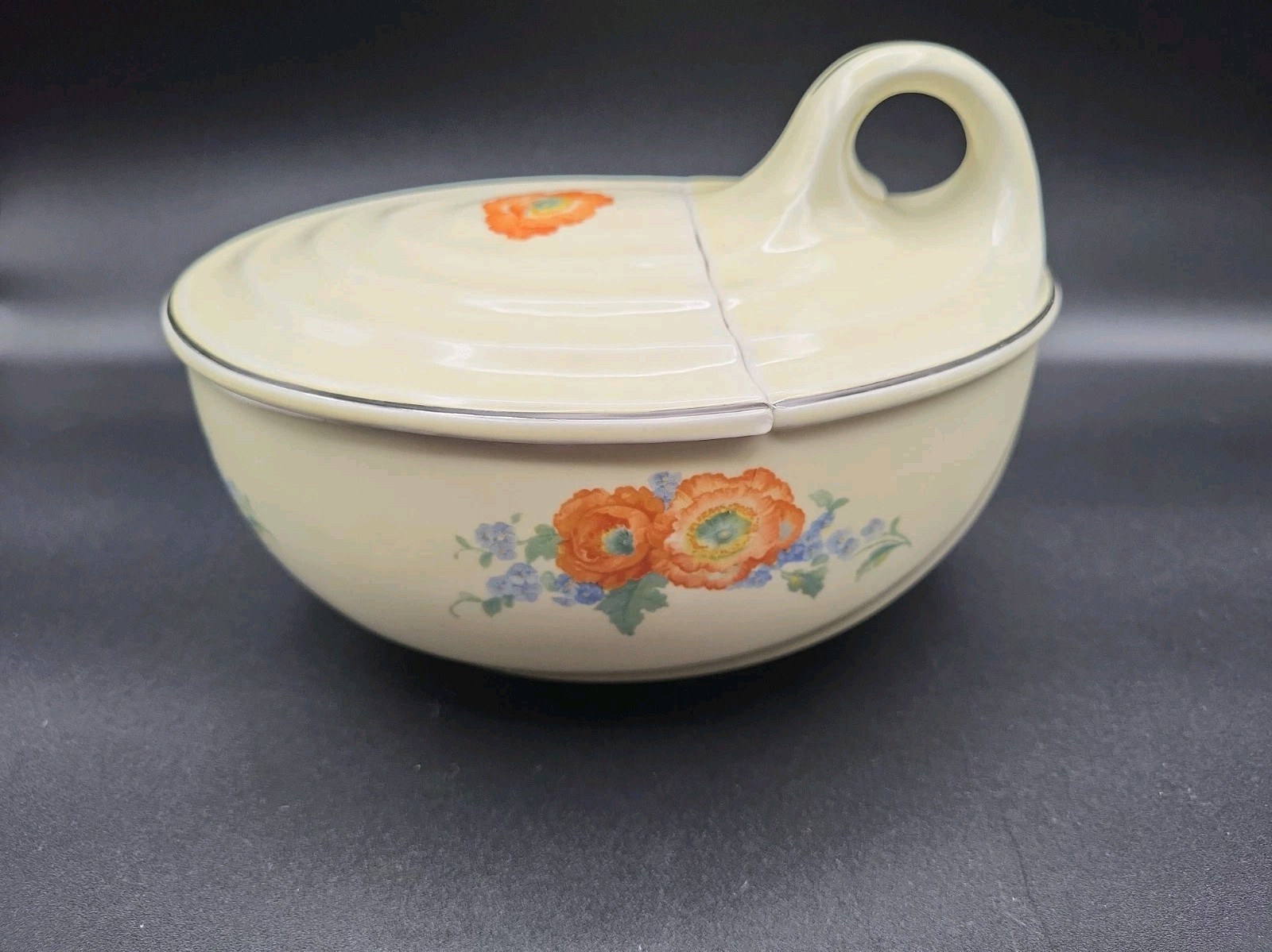Vintage Hall Pottery Loop Handled Dish With Lid Orange Poppy Pattern Vintage Hall Pottery Loop Handled Dish With Lid Orange Poppy Pattern