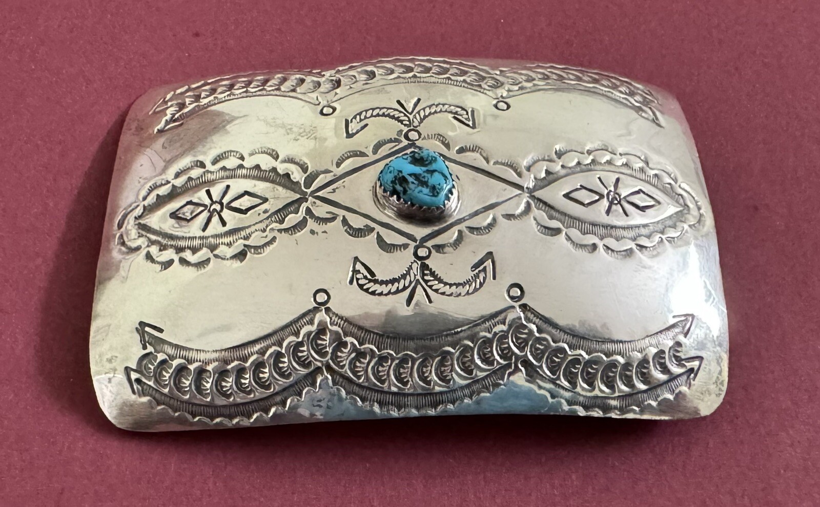 VTG Native American Signed WD Stamped Sterling Silver & Turquoise Belt Buckle