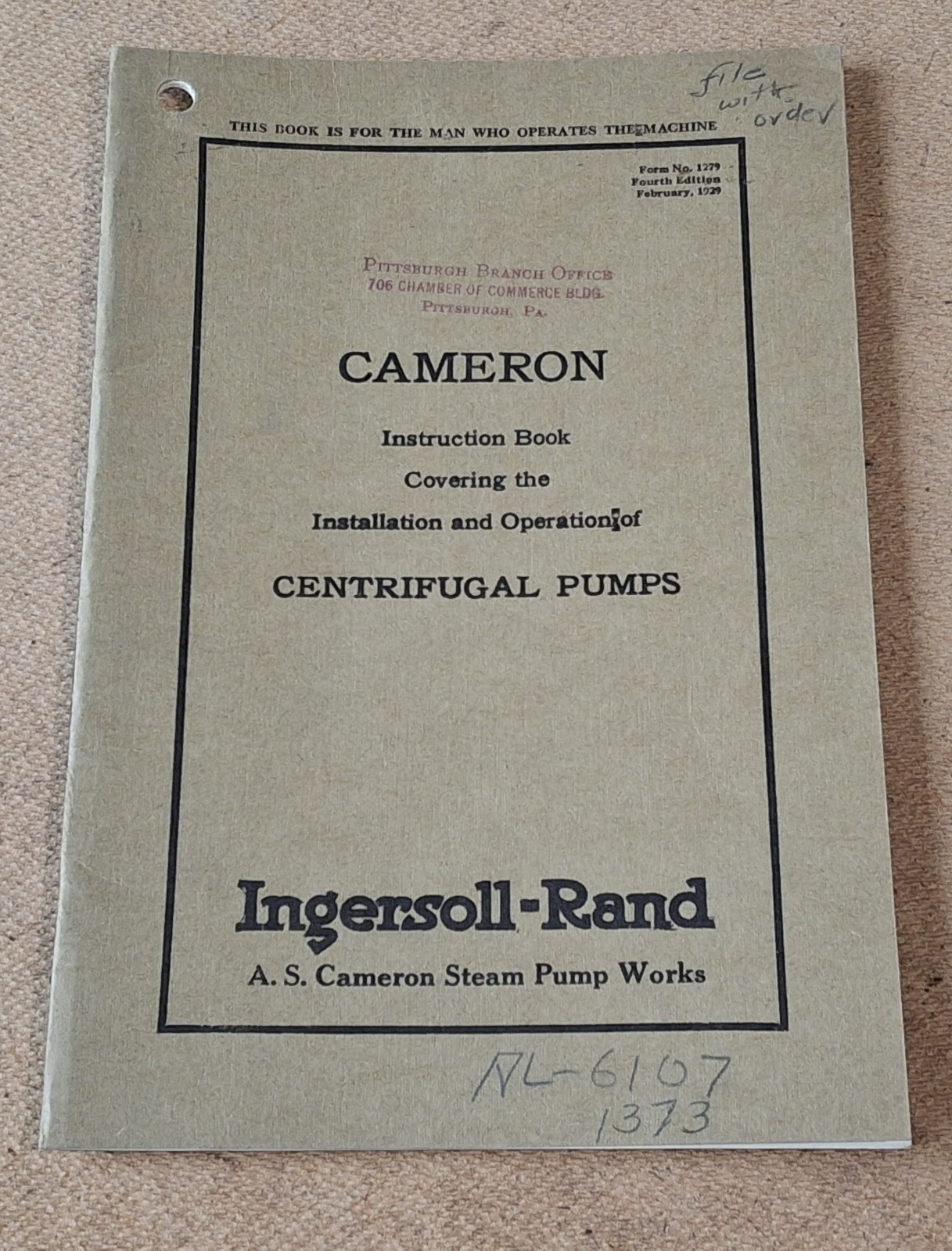 Vintage 1929 INGERSOLL-RAND CAMERON CENTRIFUGAL PUMPS INSTRUCTION BOOK Booklet Vintage 1929 INGERSOLL-RAND CAMERON CENTRIFUGAL PUMPS INSTRUCTION BOOK Booklet