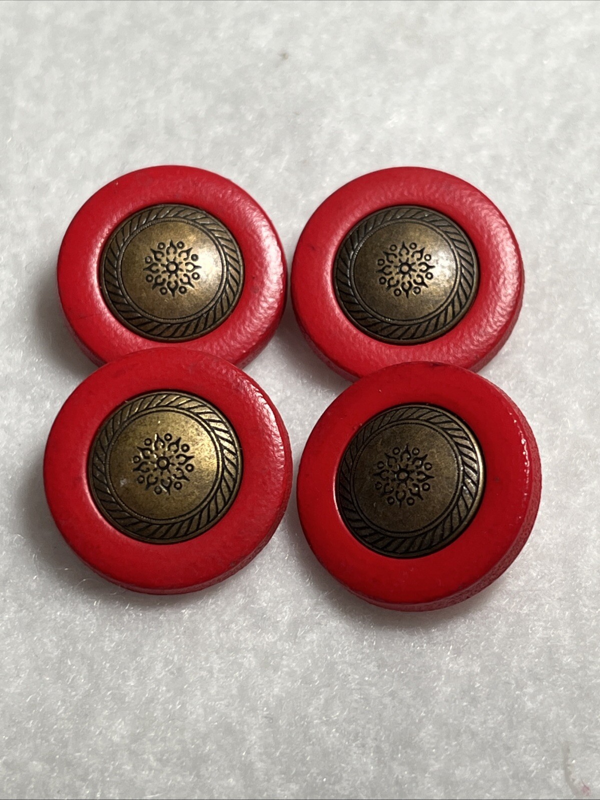 4 Vtg 7/8” Engraved Bright Red Brass Flower Buttons 1935, Rare, Collectible 4 Vtg 7/8” Engraved Bright Red Brass Flower Buttons 1935, Rare, Collectible