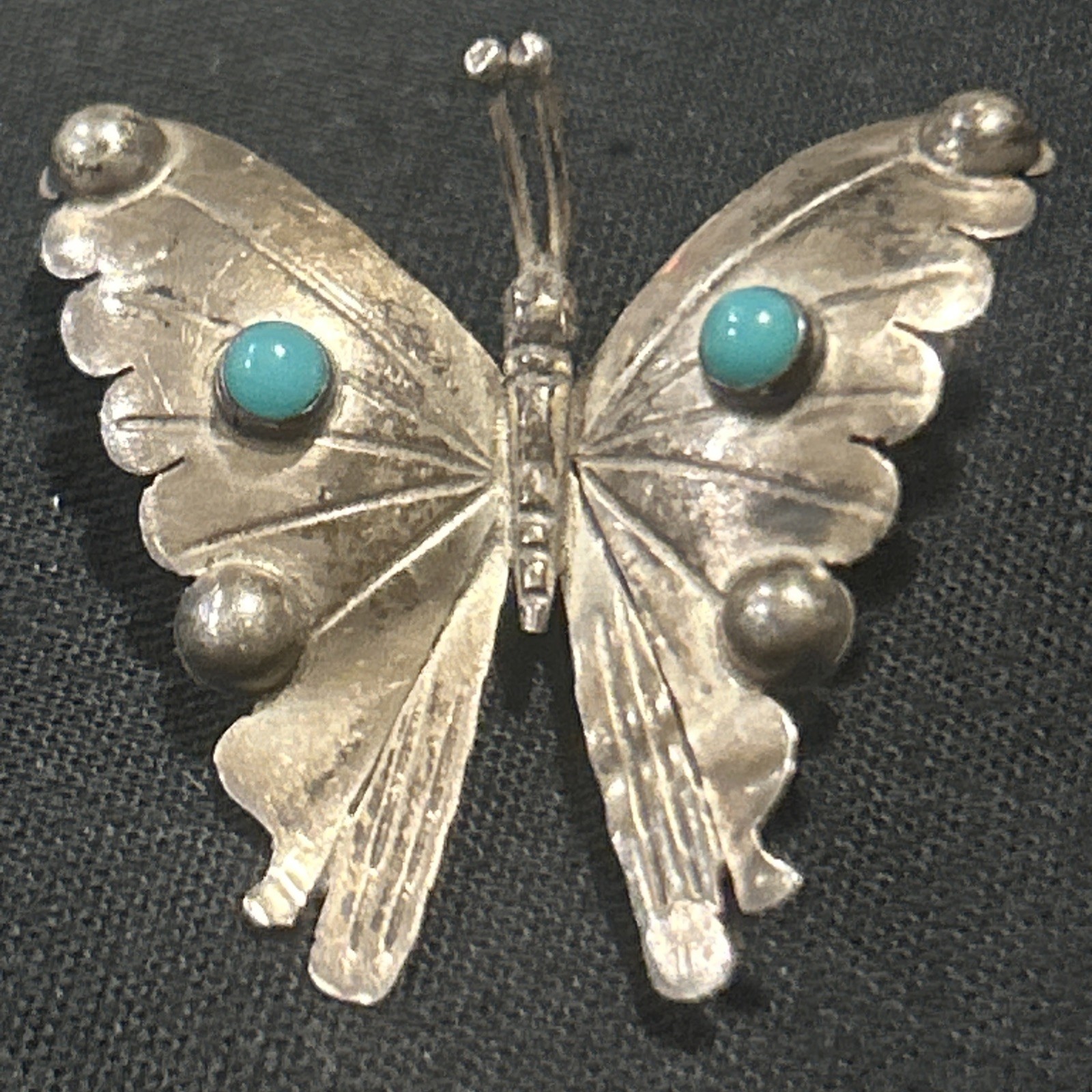 Vintage Signed FM Sterling Silver925 Taxco Mexico Turquoise Butterfly Brooch Pin