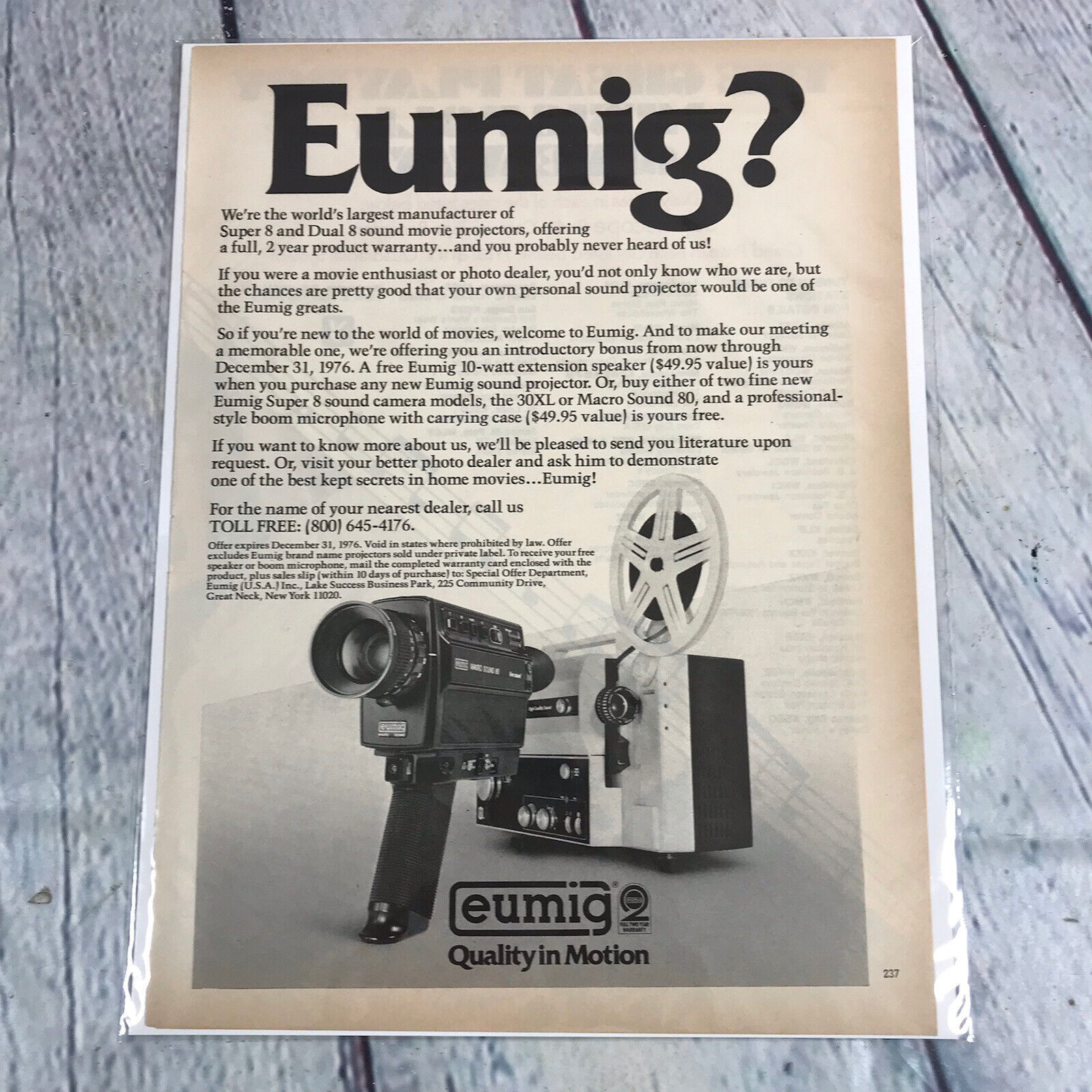 Vintage 1976 Eumig Sound Movie Projector Print Ad Genuine Magazine Advertisement