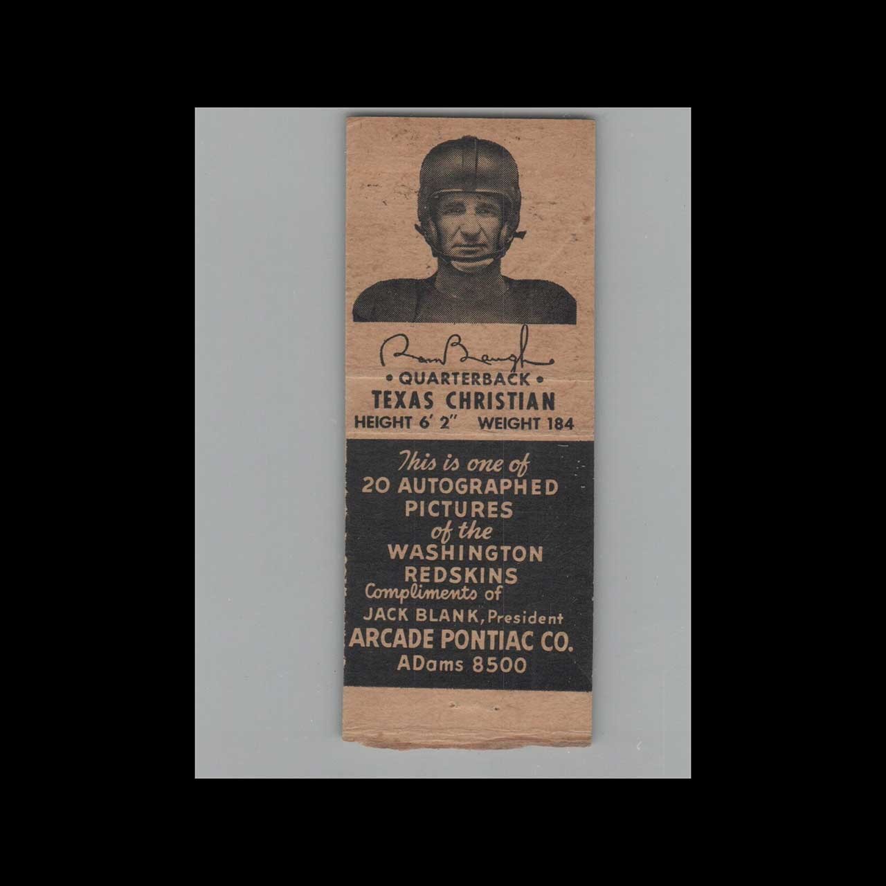 1951 Washington Redskins Matchbook Cover Arcade Pontiac Sammy Baugh - No Striker