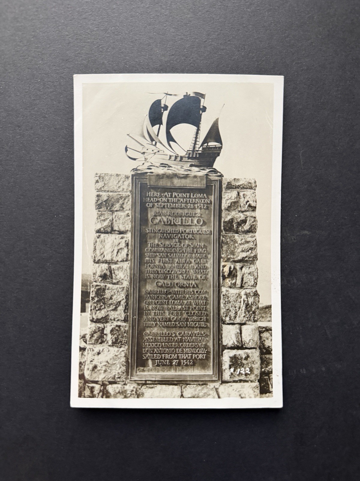 Vintage RPPC - Point Loma Plaque - Antique Postcard Silver Gelatin Unused Vintage RPPC - Point Loma Plaque - Antique Postcard Silver Gelatin Unused