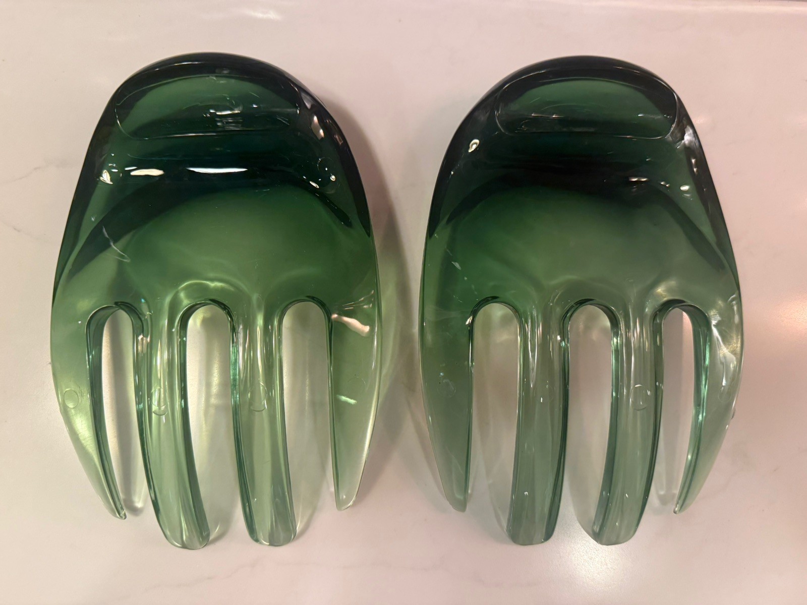 Vintage Green Lucite Salad Hands Tongs Set of 2 MCM Retro Acrylic Servers