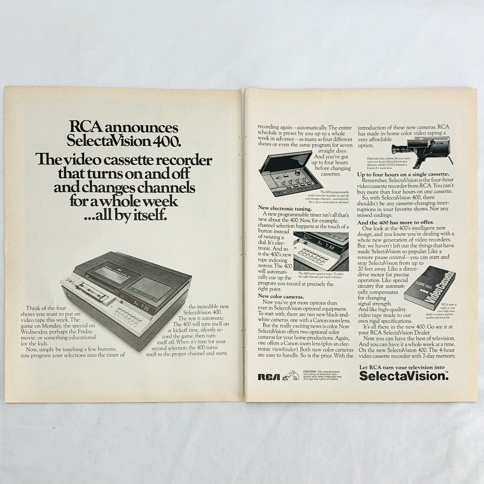 Vintage 1978 RCA SelectaVision 400 Video Cassette Recorder Magazine Print Ad