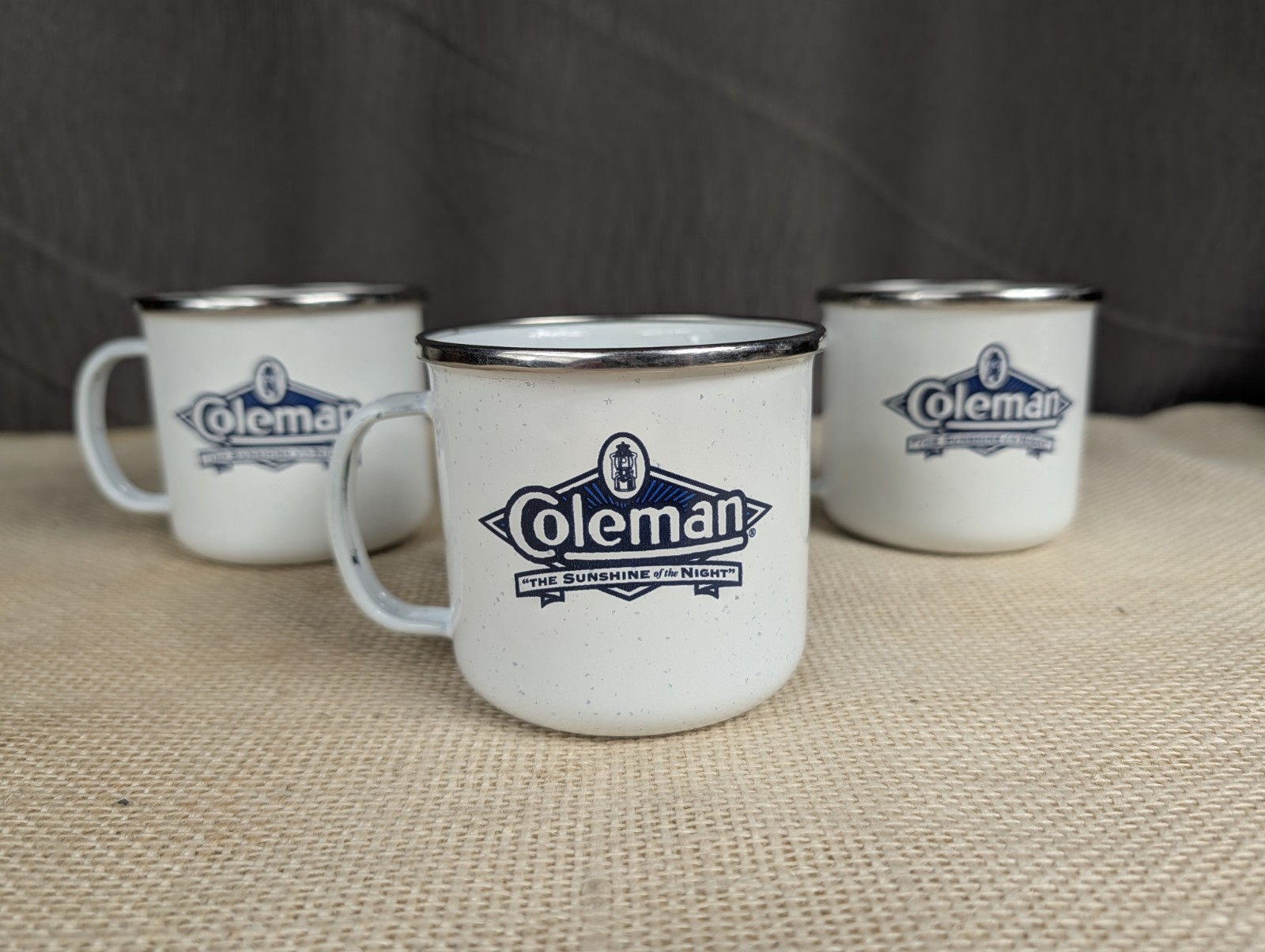 3 COLEMAN White Enamel 12oz Mugs \