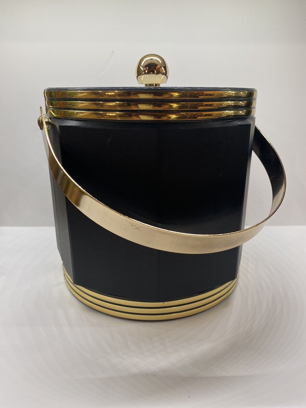 Vintage Black Octagon Ice Bucket Brass Plated Handle New Old Stock with Lid