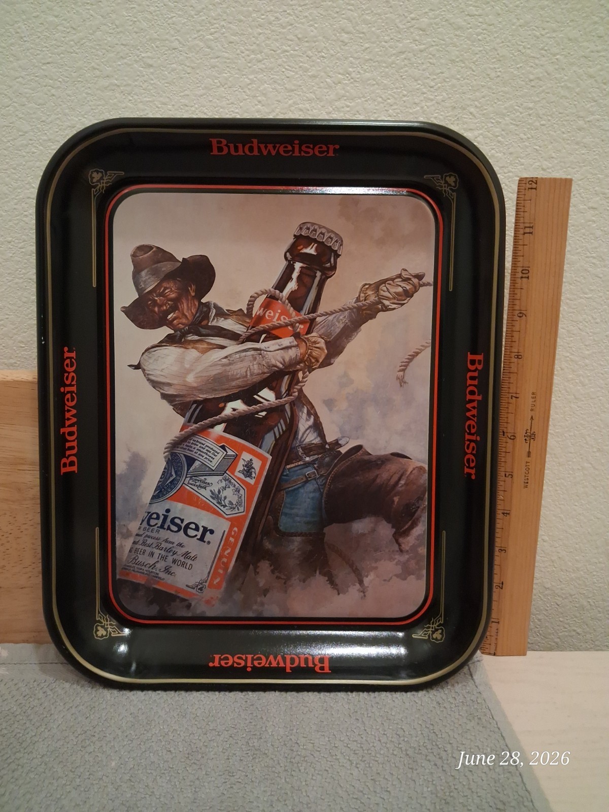 Vintage 1980s Budweiser King of Beers Cowboy Roping A Beer Bottle Metal Tray Vintage 1980s Budweiser King of Beers Cowboy Roping A Beer Bottle Metal Tray