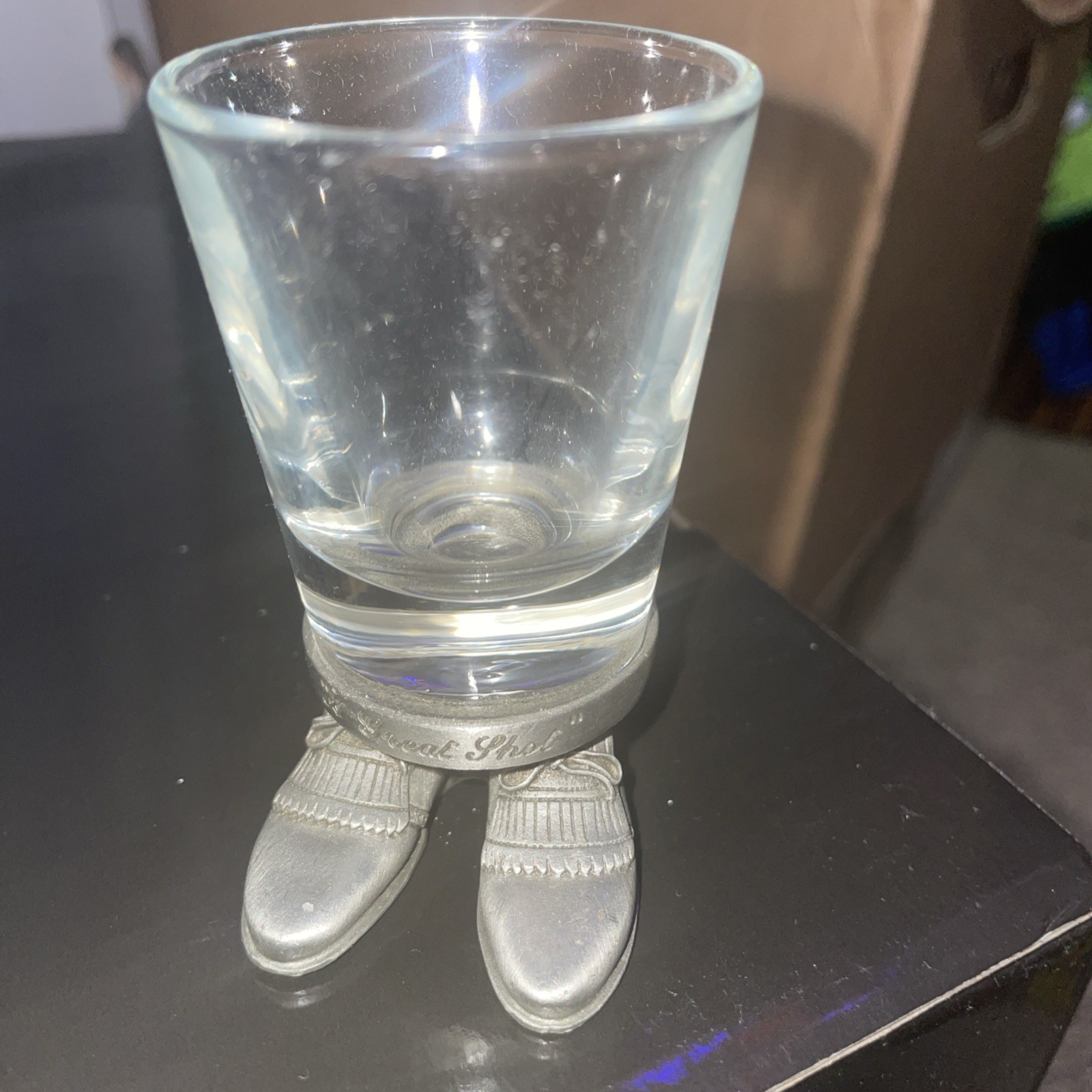 Shot Glass ,A Great Shot,Glass on Pewter Golf Shoes  Marked Fort ,Bare Ware, NEW