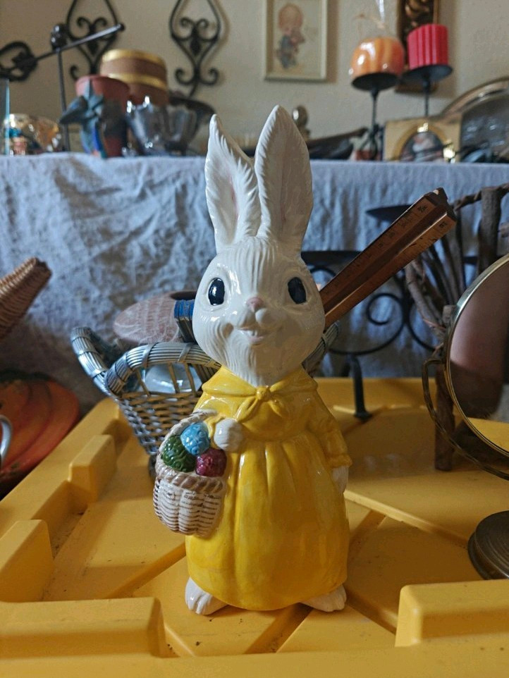 Vintage Easter Bunny Rabbit Figurine Hand Painted Ceramic Yellow Dress w/ Basket Vintage Easter Bunny Rabbit Figurine Hand Painted Ceramic Yellow Dress w/ Basket