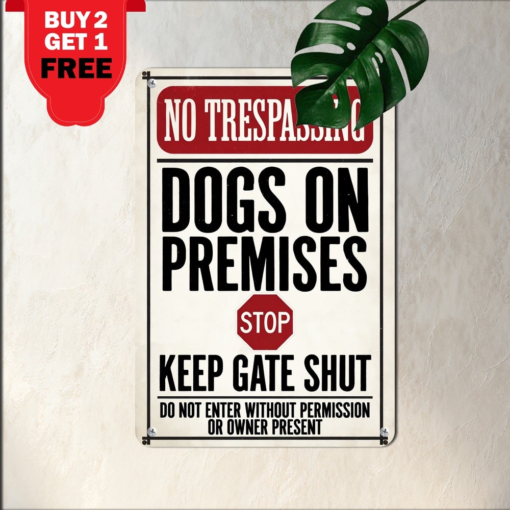 No Trespassing Guard Dogs On Premises Security Warning Metal Tin Sign 8x12