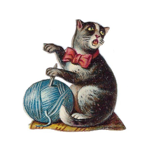 1888 Chromo decoupis, Victorian CAT BLUE YARN BALL, Antique Die-Cut Scrap, 1-1/2 1888 Chromo decoupis, Victorian CAT BLUE YARN BALL, Antique Die-Cut Scrap, 1-1/2
